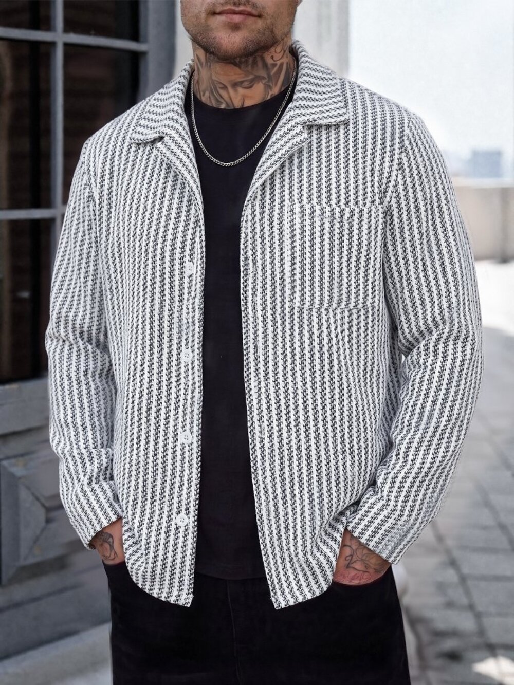 White Striped Men's Regular Fit Single Breasted Button Front Overcoat